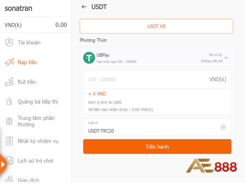 Hướng dẫn thao tác nạp tiền tại AE888