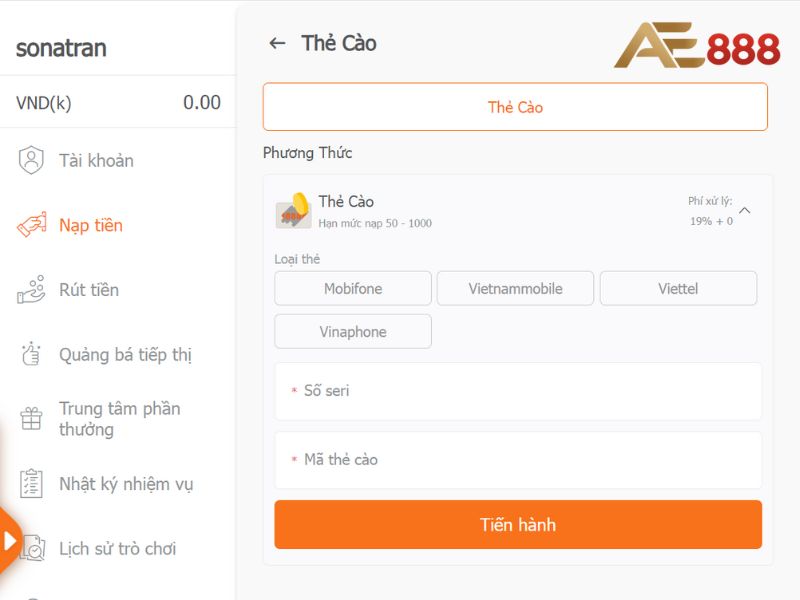 Nạp rút tiền tại AE888 không yêu cầu sinh trắc học